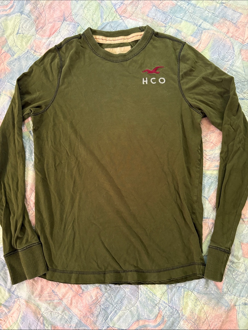 Hollister Olive Green Long Sleeve Crewneck with Red Logo